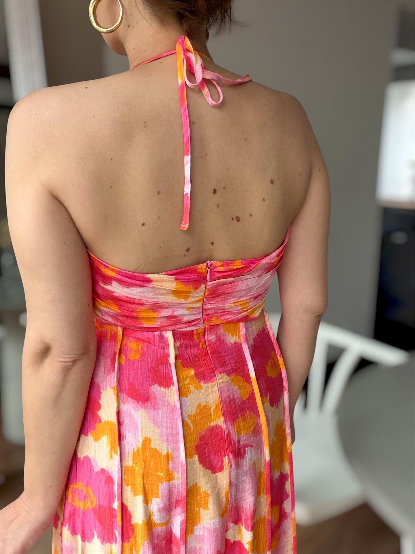 Robe Camélia Fleurs Rose Jaune