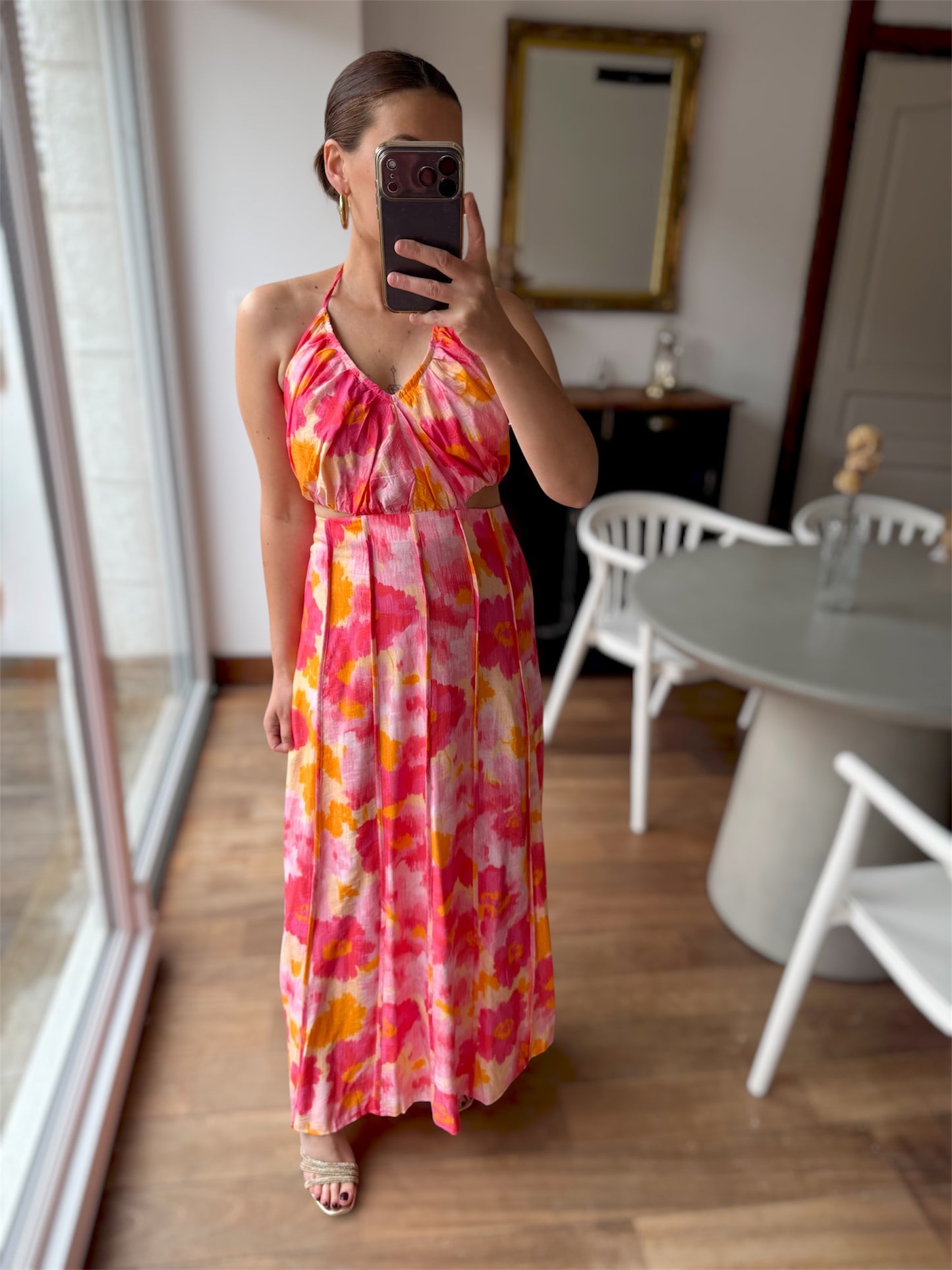 Robe Camélia Fleurs Rose Jaune