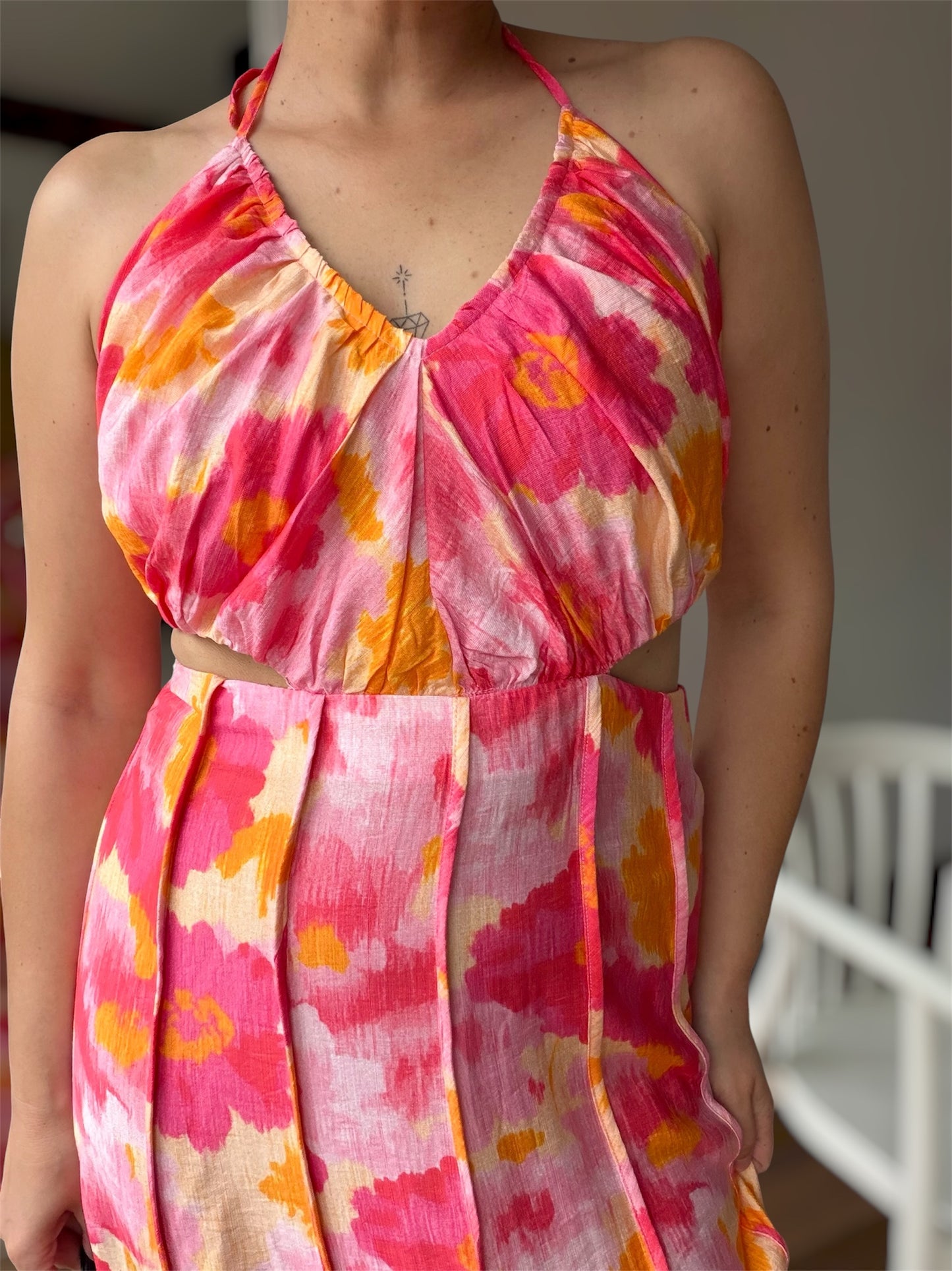 Robe Camélia Fleurs Rose Jaune