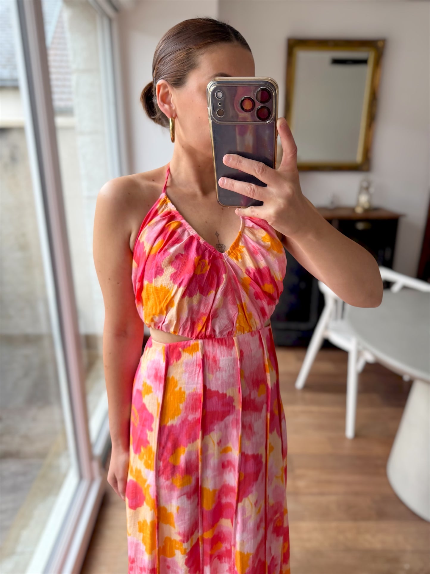Robe Camélia Fleurs Rose Jaune