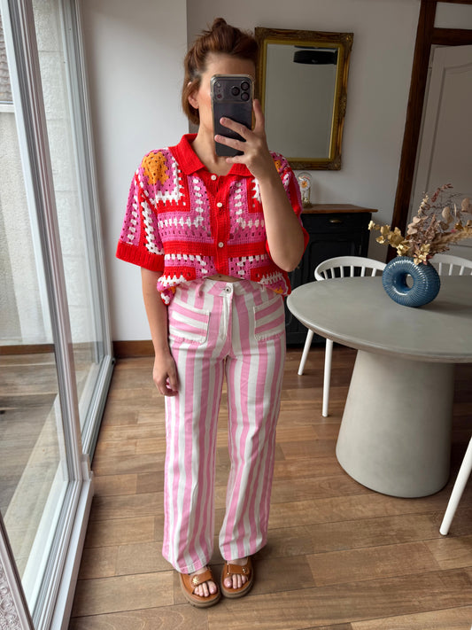 Jeans Arty rayé rose/blanc