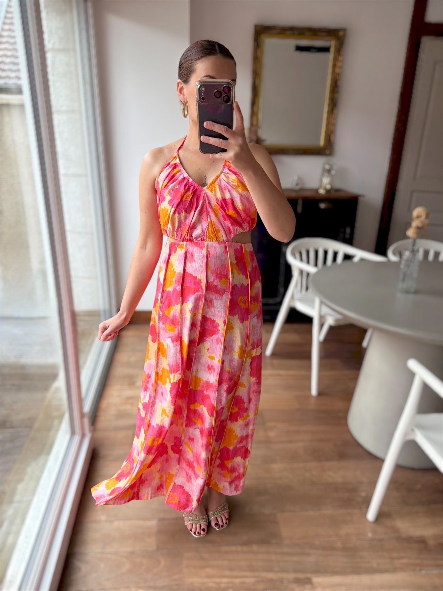 Robe Camélia Fleurs Rose Jaune