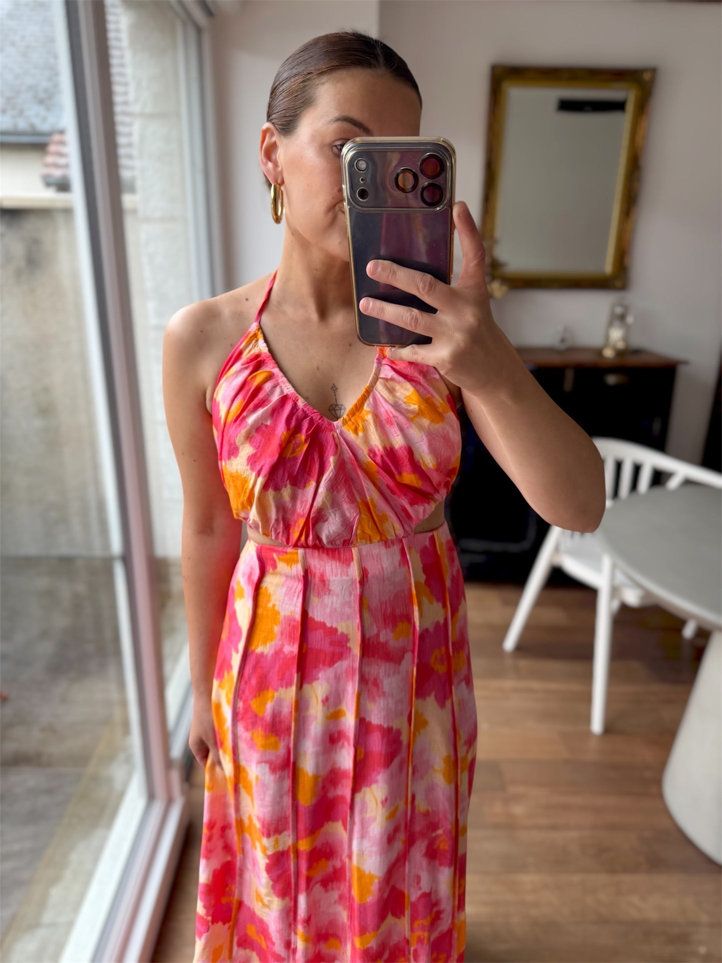 Robe Camélia Fleurs Rose Jaune