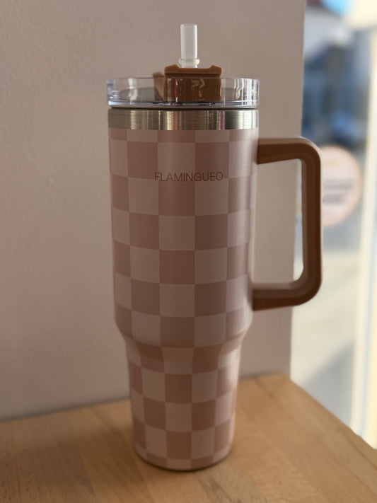 Bouteille isotherme beige à carreaux